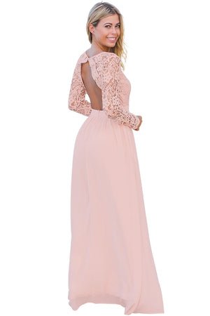 Pink Open Back Long Sleeve Crochet Maxi Party Dress