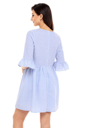 Navy White Stripe Flounce Sleeve Seersucker Dress