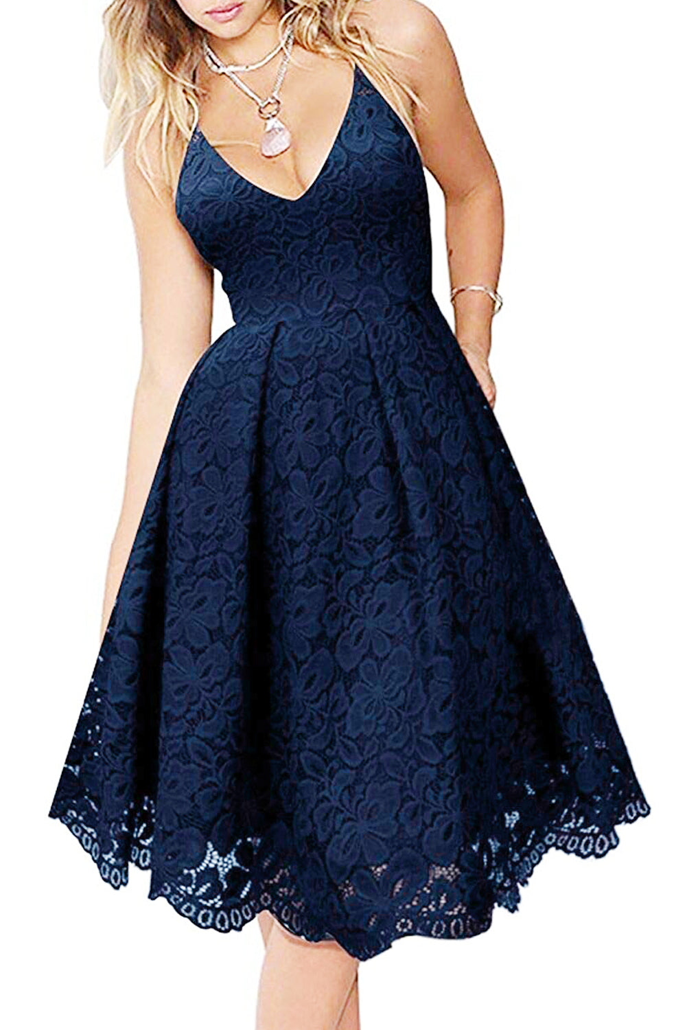Blue Lace Floral V Neck Backless Cocktail A-Line Dress