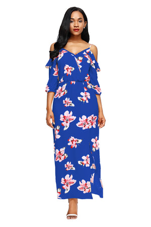 Blue Cold Shoulder Floral Slit Maxi Dress