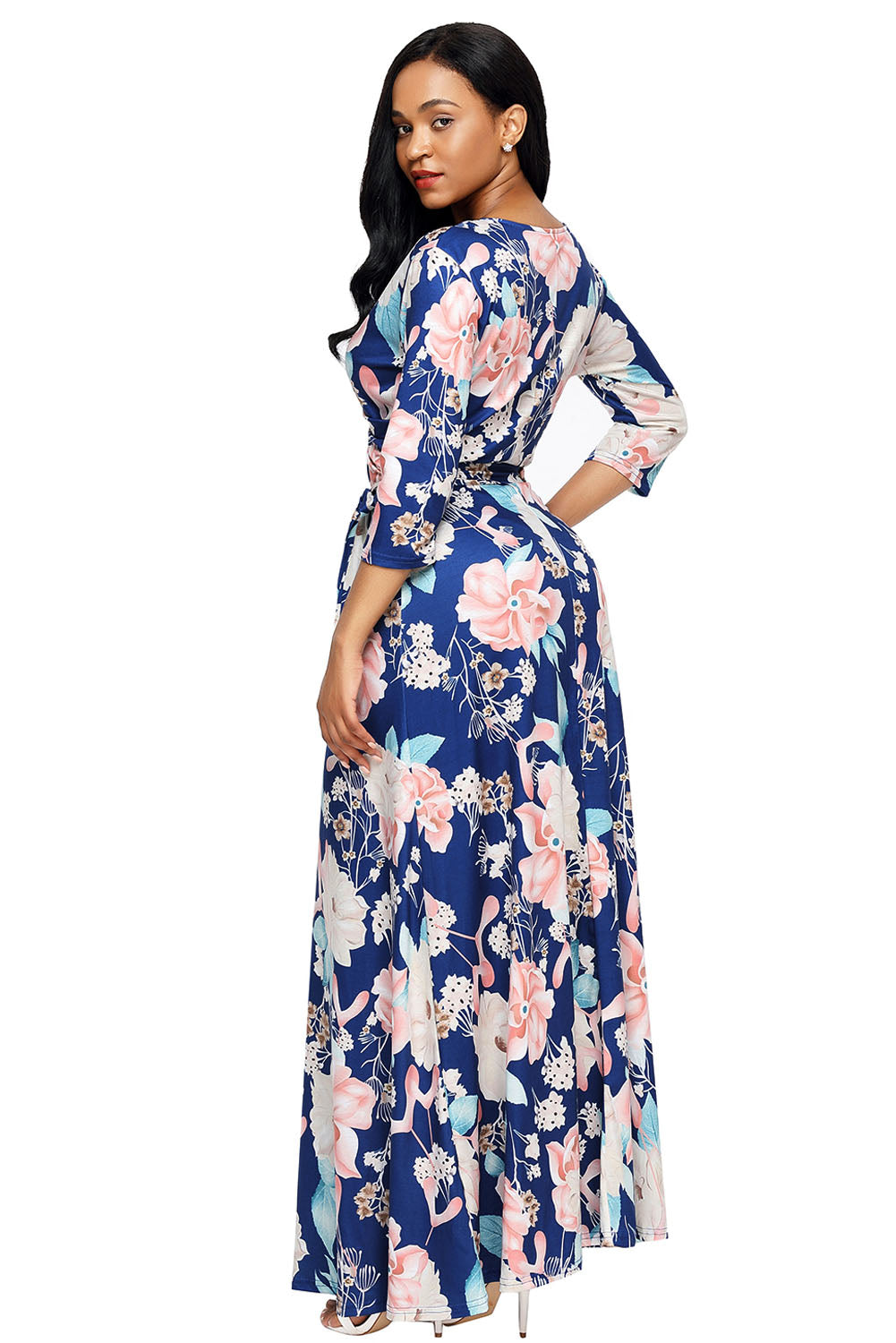 Slate Blue Floral Print Wrapped Long Boho Dress