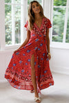 Red V-Neck Beach Resort Printed Dress