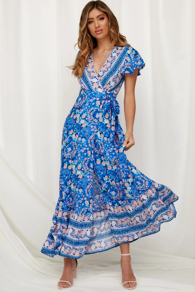 Blue V-Neck Beach Resort Printed Dress