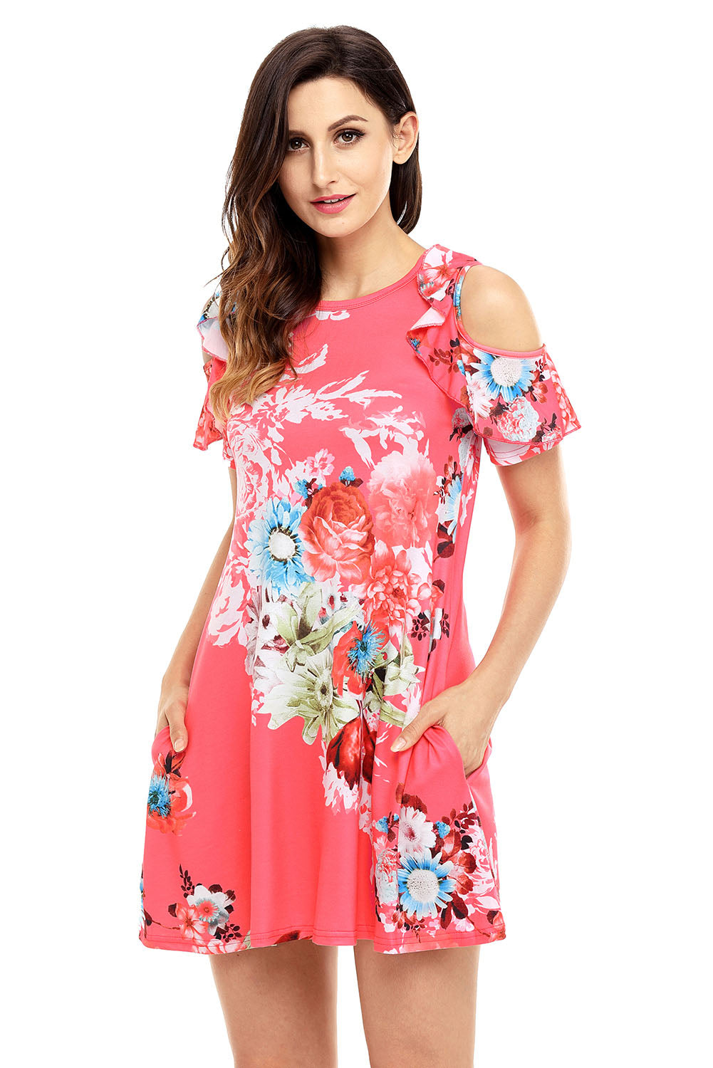 Ruffled Cold Shoulder Rosy Floral Dress