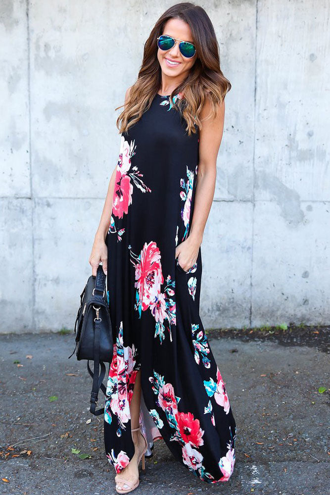 Black Floral Pocketed Holiday Maxi Boho Dress