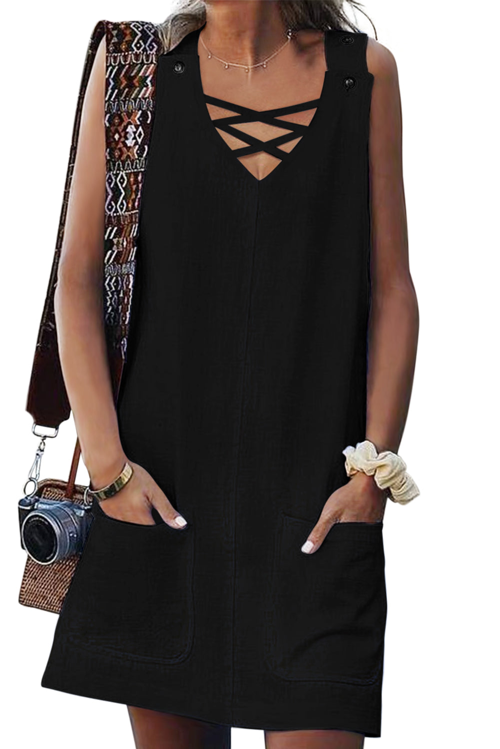 Black Cross V Neck Buttoned Pockets Dress