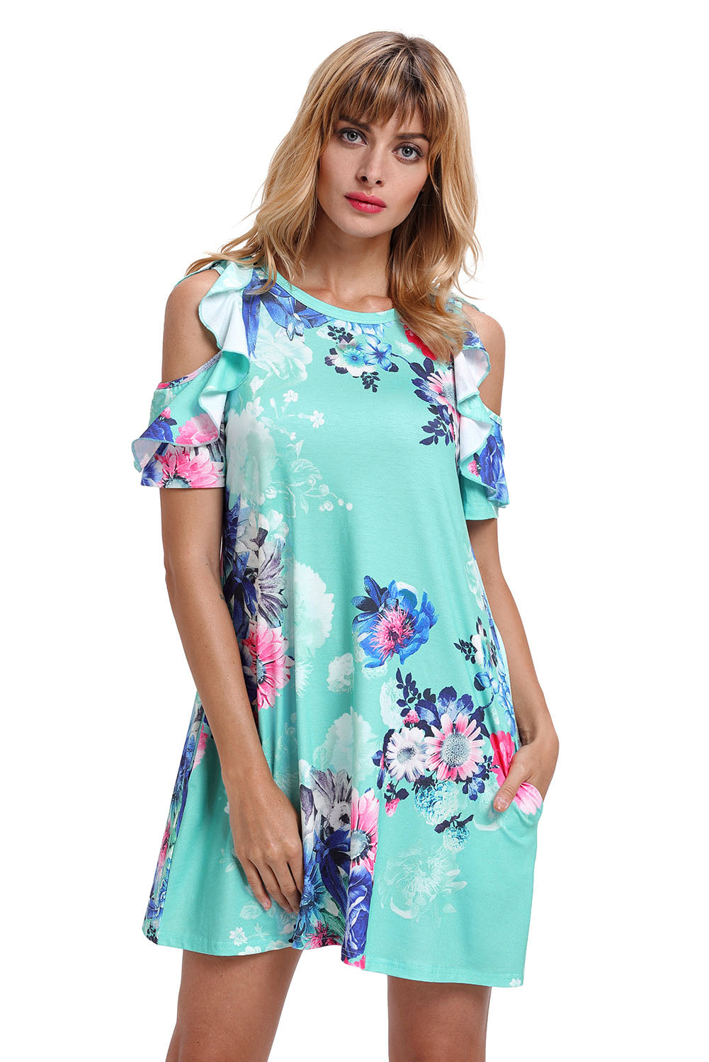 Ruffled Cold Shoulder Mint Floral Dress