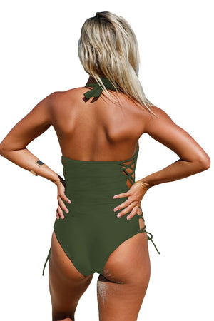 Army Green Lace up Side Accent Open Back One-piece Swimsuit