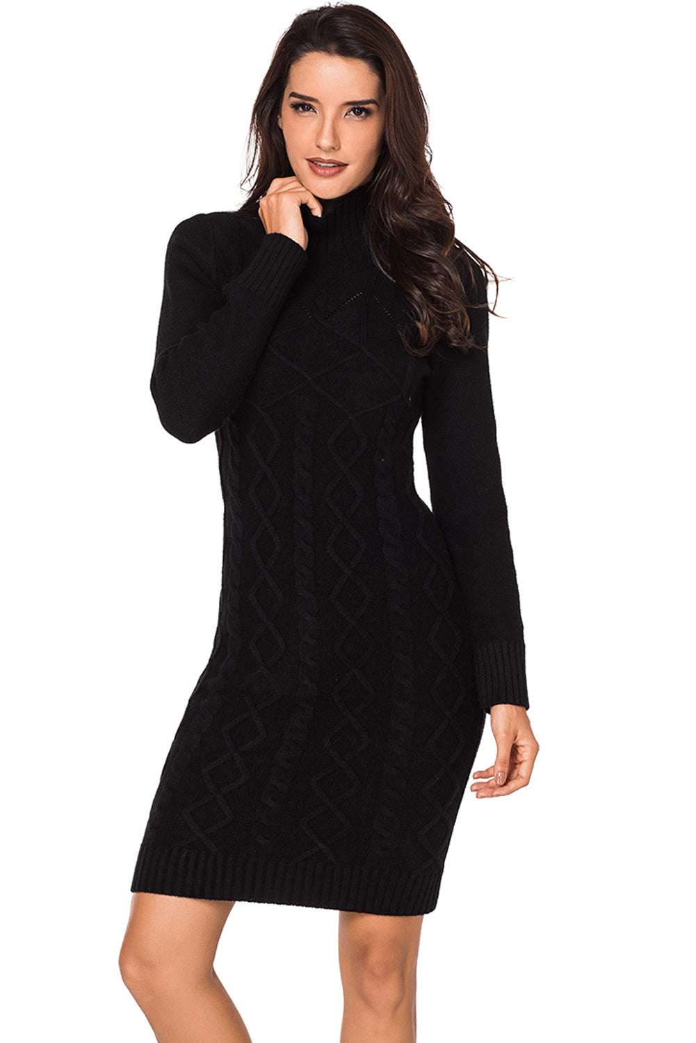 Black Cable Knit High Neck Sweater Dress