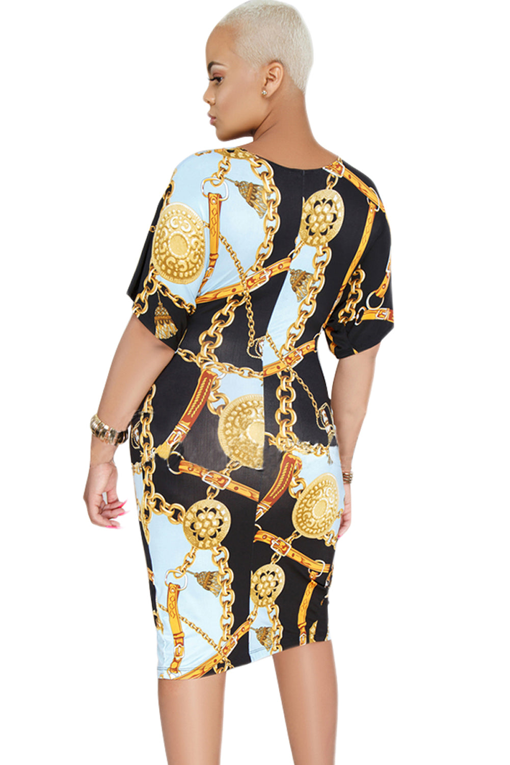 Black Batwing Sleeve Chain Print Slit Dress