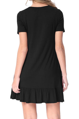 Black Short Sleeve Draped Hemline Casual Shirt Dress