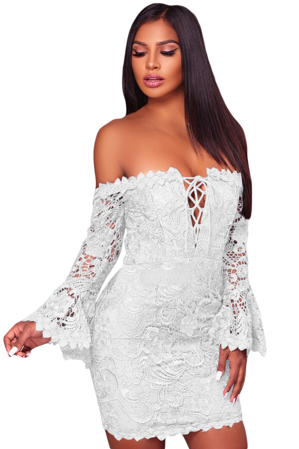 White Crochet Overlay Off The Shoulder Fitted Mini Dress