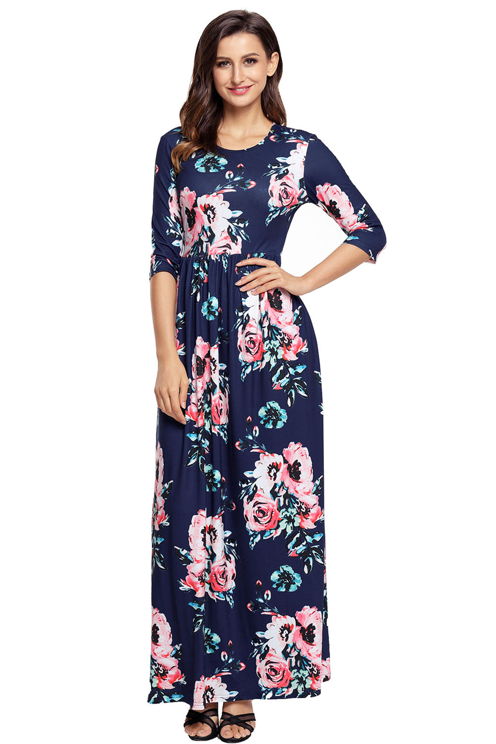 Classic Floral Print Navy 3/4 Sleeve Maxi Dress.
