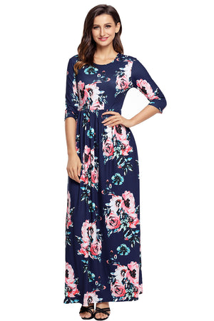 Classic Floral Print Navy 3/4 Sleeve Maxi Dress.