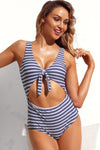 Grey White Striped Cutout Tie Front Beach Maillot