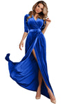 Blue Surplice V Neck Velvet Party Gown with Belt