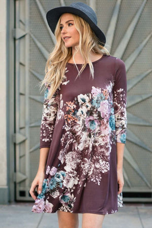 Plum Purple Floral Long Sleeve A-Line Tunic Dress