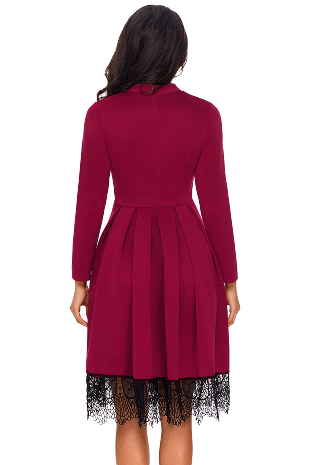 Lace Hemline Detail Burgundy Long Sleeve Skater Dress