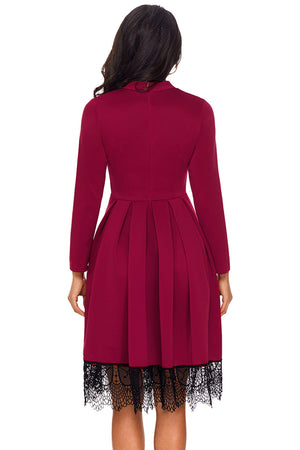 Lace Hemline Detail Burgundy Long Sleeve Skater Dress