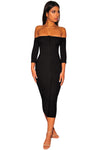 Invisible Button Down Black Off Shoulder Midi Dress