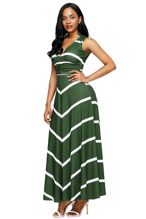 Olive V Neck Cut out Back Printed Maxi Dress