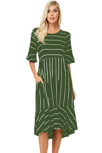 Green White Striped Bell Sleeve Hi-low Midi Dress
