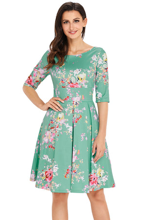 Mint Vintage Style Floral Half Sleeve Swing Dress