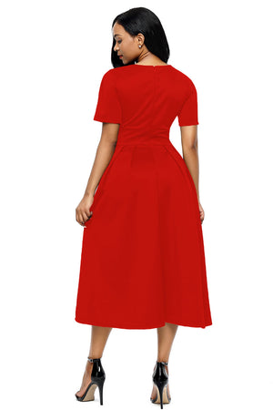 Red Split Neck Short Sleeve Midi Dress with Bowknots