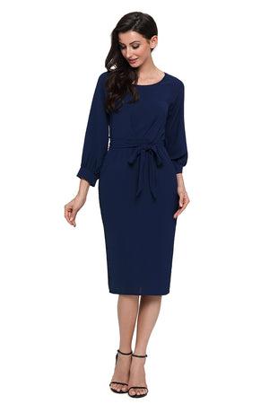 Blue Puff Sleeve Belt Chiffon Pencil Dress