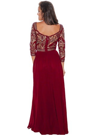 Wine Lace Crochet Quarter Sleeve Maxi Dress