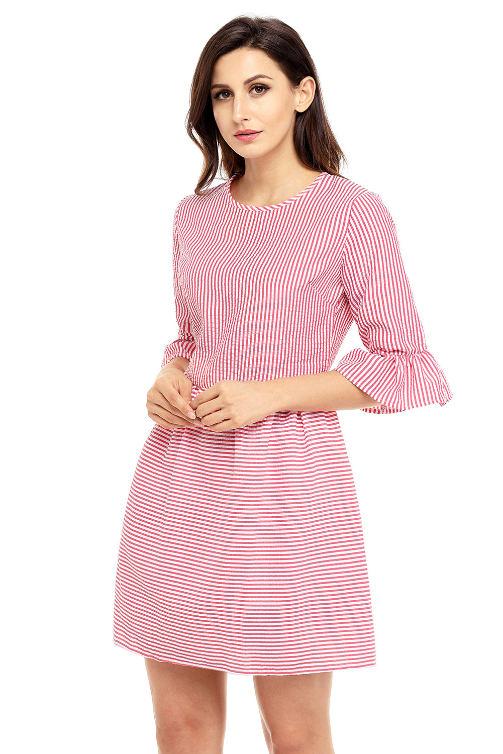 Red White Stripe Flounce Sleeve Seersucker Dress