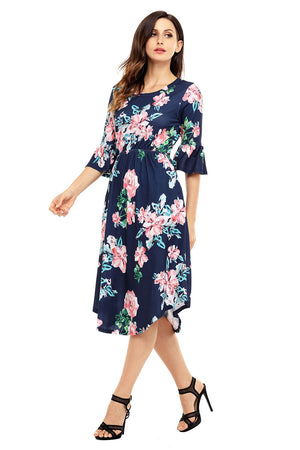Navy Blue 3/4 Bell Sleeve Floral Midi Dress