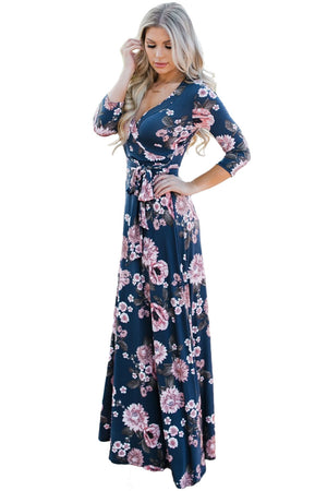 Navy Blue Blooming Flower Print Wrap V Neck Boho Dress