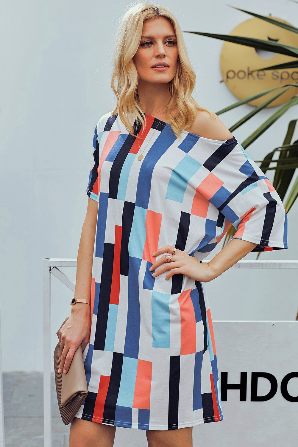 Blue Geometric Pattern Loose T-shirt Dress