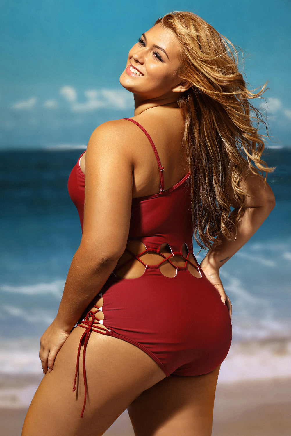 Date Red Lace Up Cutout Asymmetric Shoulder Maillot