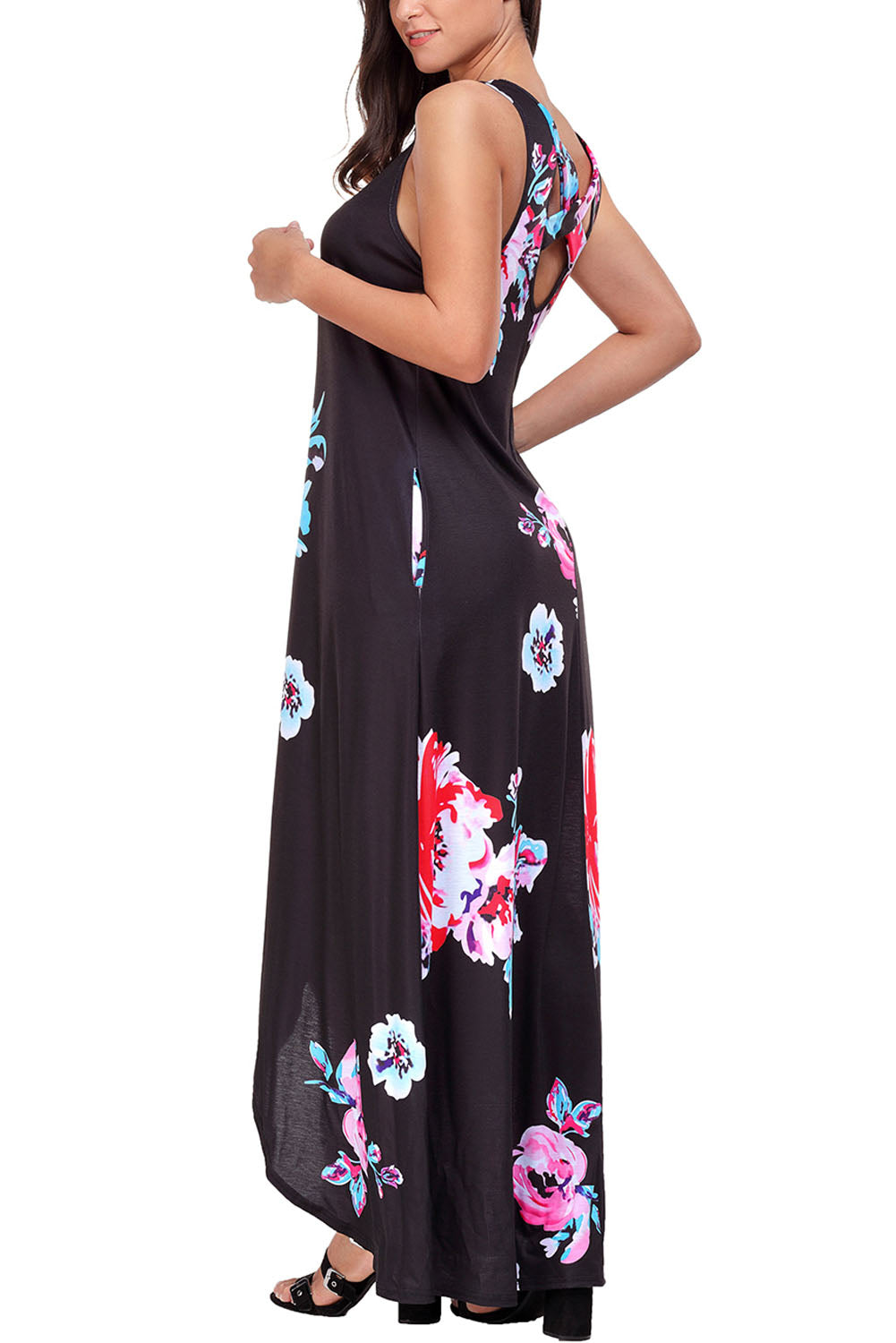 Black Floral Pocketed Holiday Maxi Boho Dress