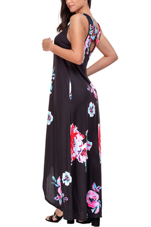 Black Floral Pocketed Holiday Maxi Boho Dress