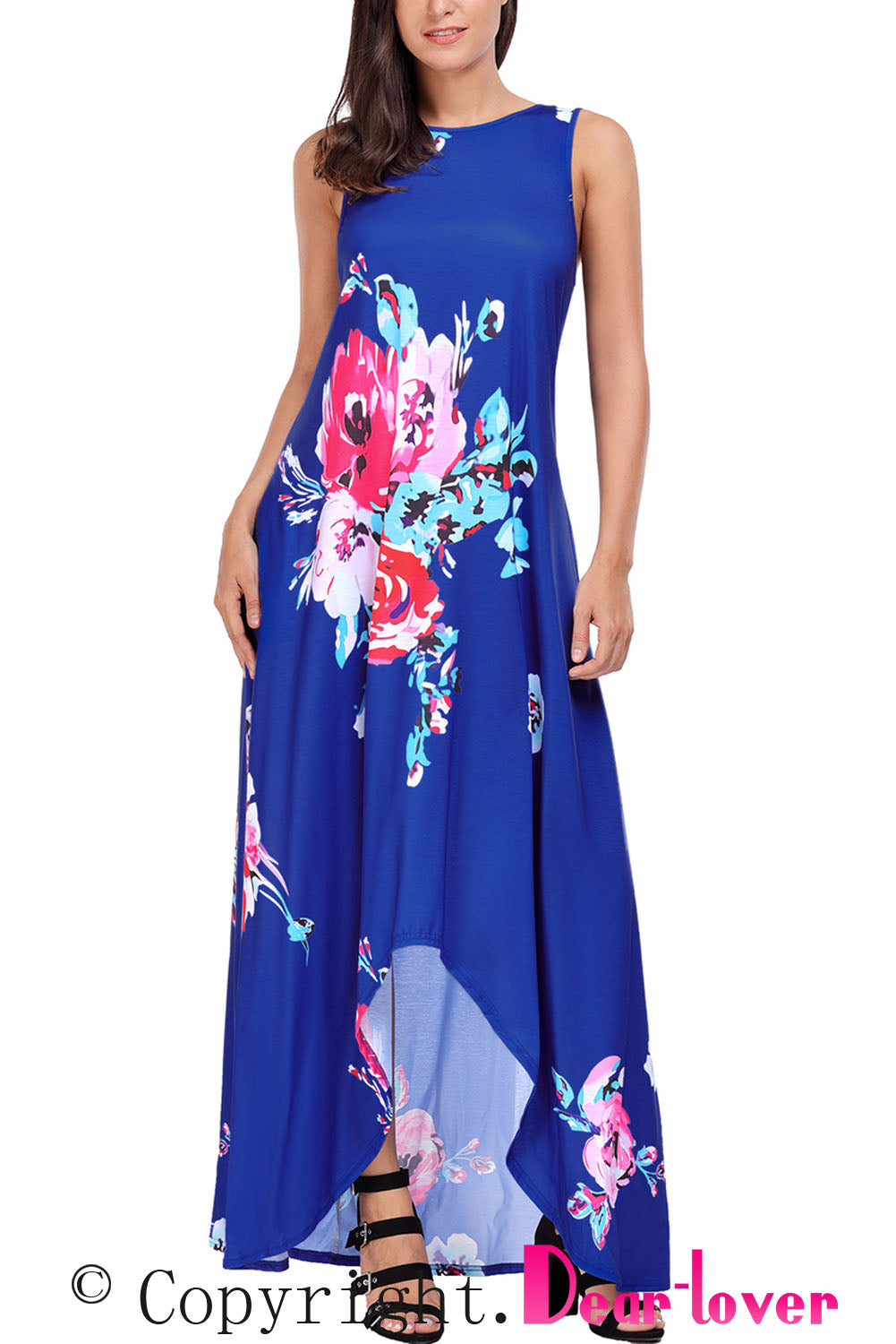 Blue Floral Pocketed Holiday Maxi Boho Dress