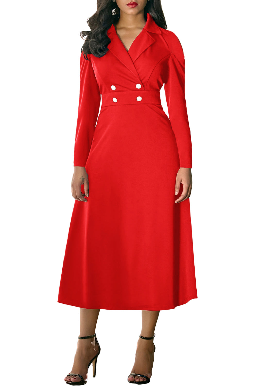 Red Vintage Button Collared Fit-and-flare Dress