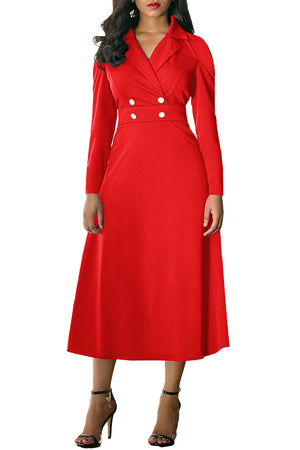 Red Vintage Button Collared Fit-and-flare Dress