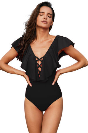 Black Plunging V Neck Ruffled Flutter Sleeve Maillot