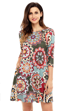 Bohemian Sunflower Print Green Dress
