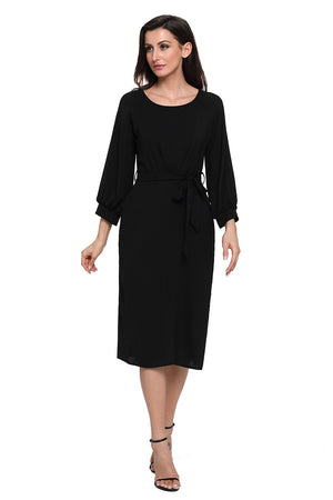 Black Puff Sleeve Belt Chiffon Pencil Dress