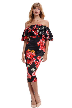 Black Red Floral Layered Ruffle Off Shoulder Midi Dress