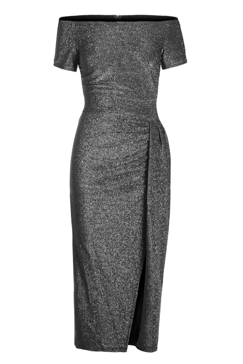 Black Off Shoulder Short Sleeve Metallic Slit Party Dress