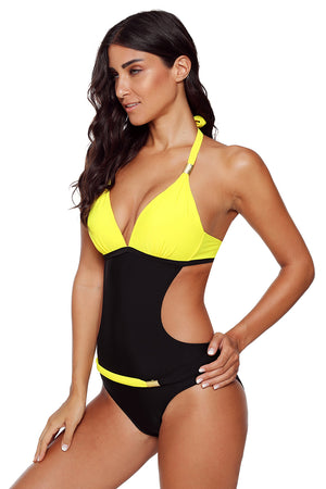 Yellow Push-up Halter One-piece Swimwear