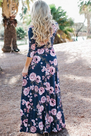 Navy Blue Blooming Flower Print Wrap V Neck Boho Dress