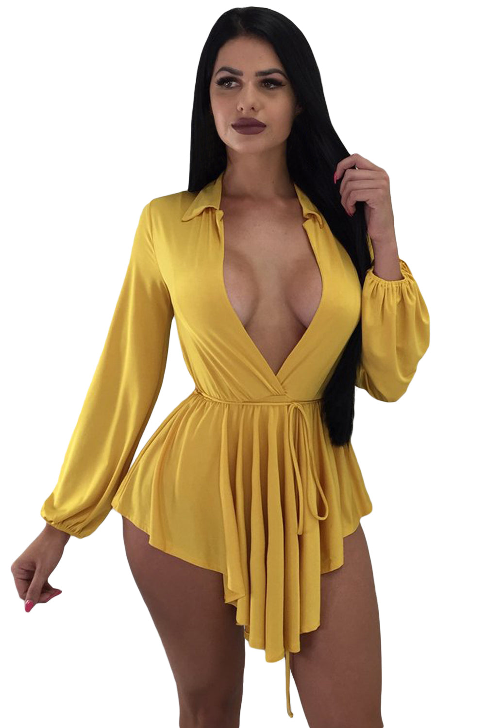 Yellow Long Sleeve Ruffled Hot Short Dress