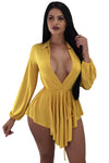 Yellow Long Sleeve Ruffled Hot Short Dress