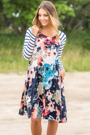Multiple Floral Print Stripe Raglan Sleeve Dress